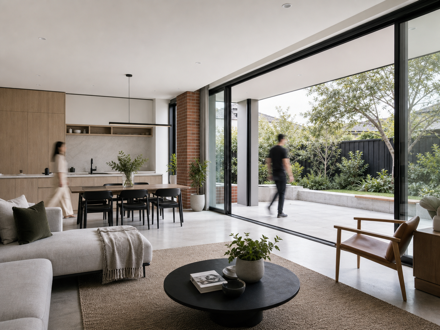 Completed renovated living area opening to a landscaped courtyard with subtle movement from people using the space