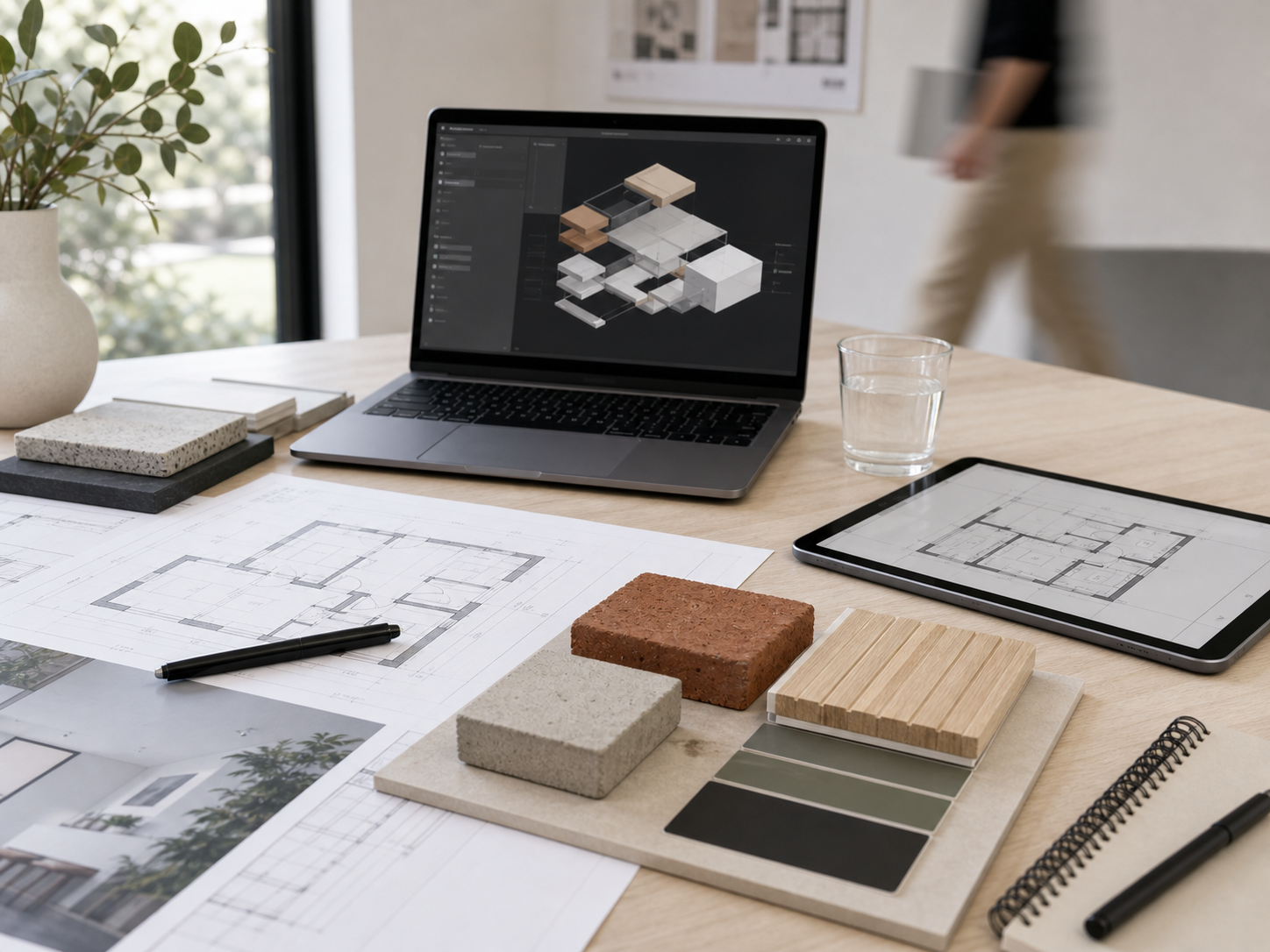 Design-build planning table with architectural drawings, material samples, tablet and laptop