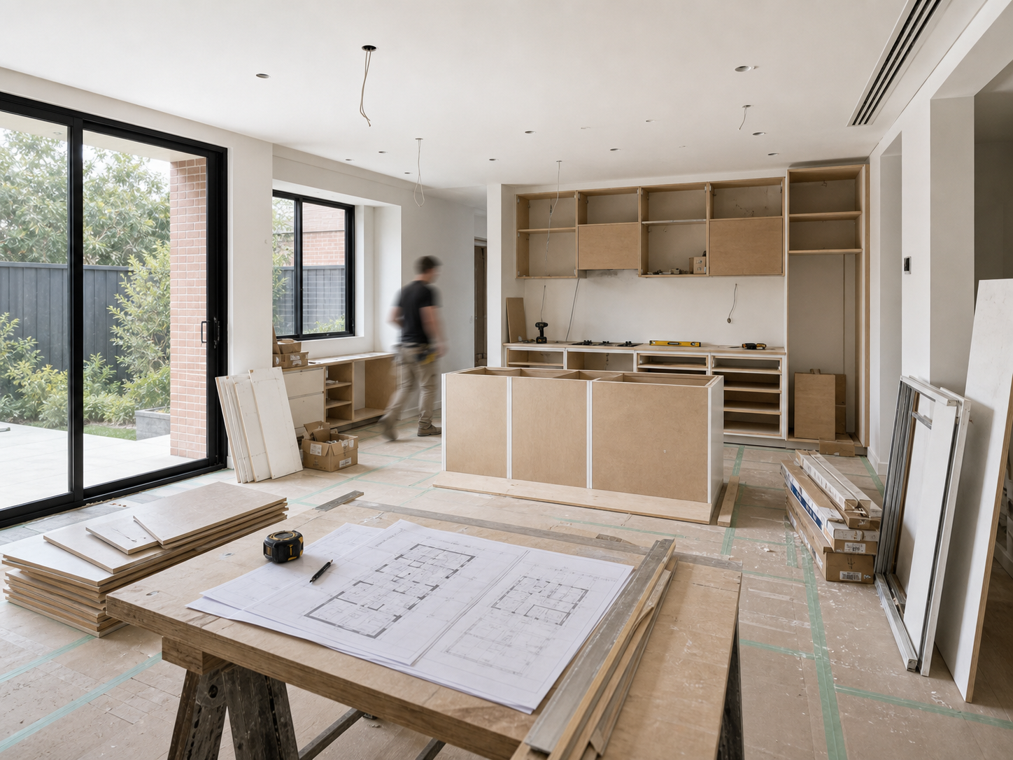 Melbourne renovation in progress with kitchen cabinetry being installed, protection, drawings and materials on site